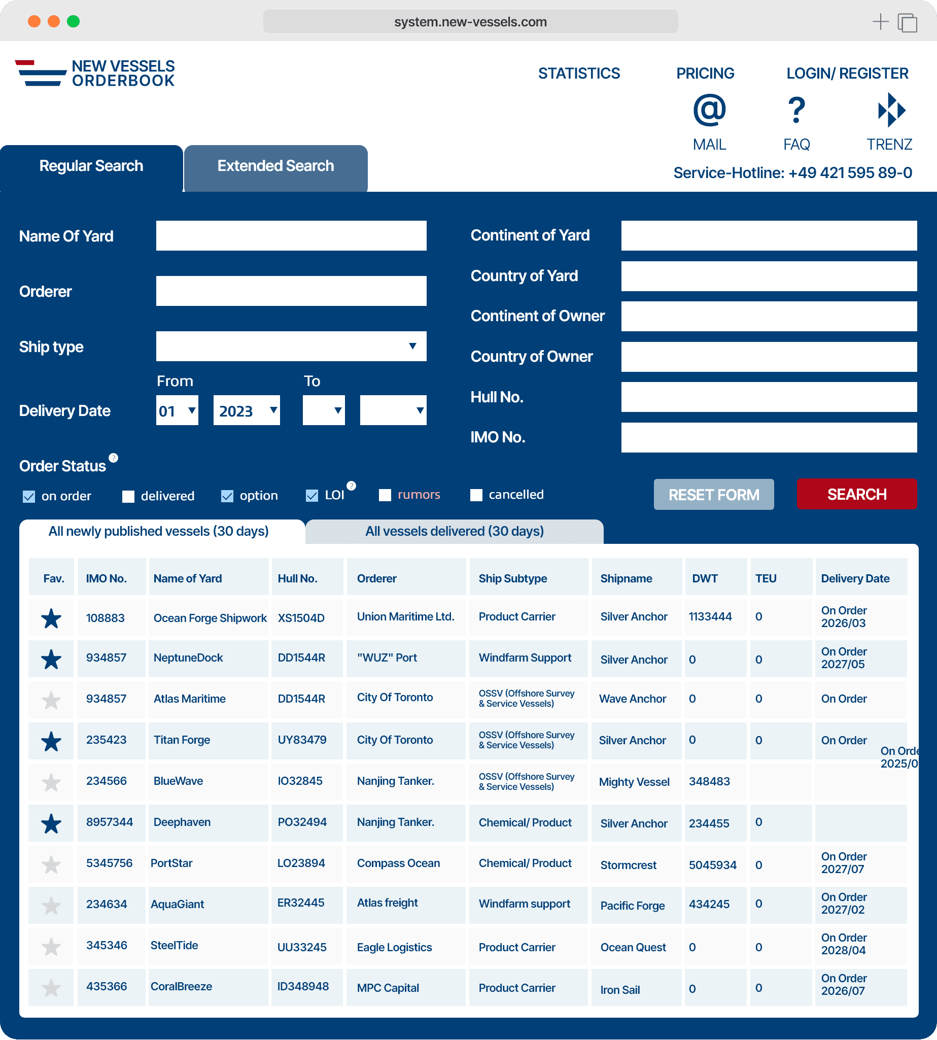 New Vessels Orderbook System